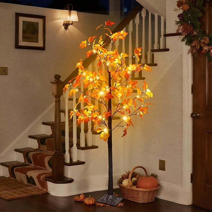 DR.DUDU 5 FT Fall Decorations for Home, Lighted Fall Maple Tree with LED Lights - Artificial Autumn Trees for Indoor/Outdoor Decor, Porch, Patio, Thanksgiving Seasonal Decor