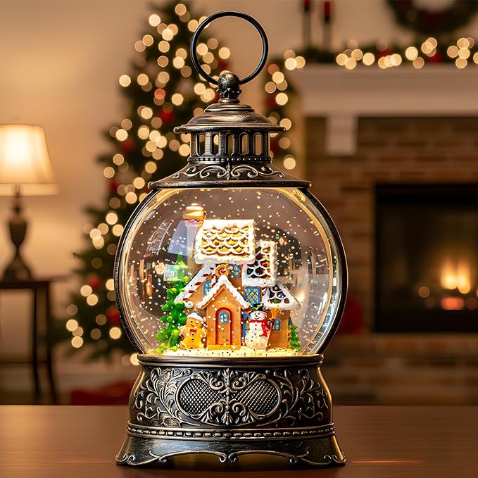 Christmas Snow Globe Lighted Gingerbread House Scene, Musical Snow Water Lantern Swirling Glittering Home Decoration and Gift, Battery Operated or USB Powered