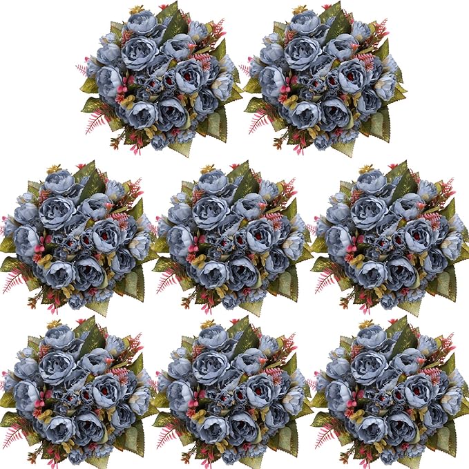 Geosar 8 Bundles Artificial Peonies Flowers Fake Silk Peony Bouquet Faux Peonies Flowers Bulk for Decoration Vase Florals Arrangements Wedding Party Table (Blue)