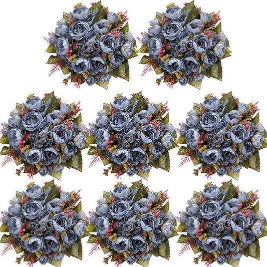 Geosar 8 Bundles Artificial Peonies Flowers Fake Silk Peony Bouquet Faux Peonies Flowers Bulk for Decoration Vase Florals Arrangements Wedding Party Table (Blue)