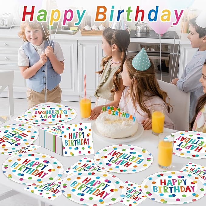 Birthday Party Oval Paper Plate 11inch Large Happy Birthdays Plates and Napkins, Colorful Dots Party Decoration Favor Dish Tray for Bday Baby Shower Holiday Gathering Supplies Tableware, 25 Guest
