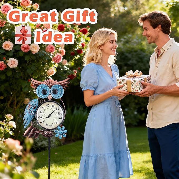 MUMTOP Outdoor Thermometer, 42 Inch Metal Owl Garden Stake Outside Wall Thermometer for Patio, Yard and Garden