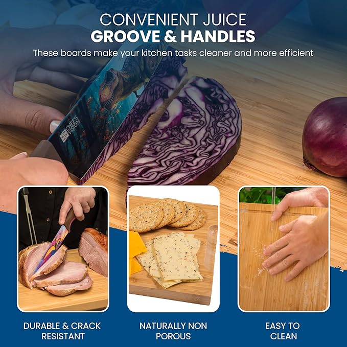 Chef's Vision Bamboo Cutting Board Set - 3-Piece Organic Wooden Cutting Boards for Kitchen - Durable, Non-Toxic, and Eco-Friendly Bamboo Chopping Board - Extra Large, Large, and Medium Sizes