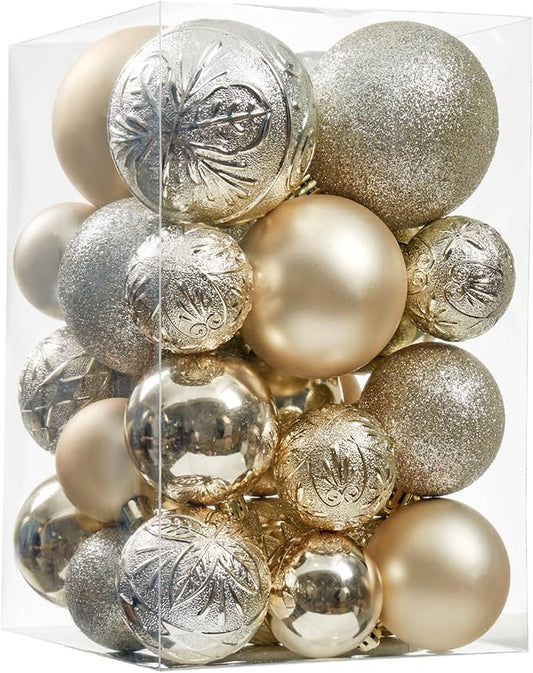 Wironlst Christmas Ball Ornaments - 30pcs Shatterproof Plastic Christmas Ornaments Hanging Ball Decorations for Xmas Tree, Holiday, Wedding, Party (Multi-Size, Champagne)