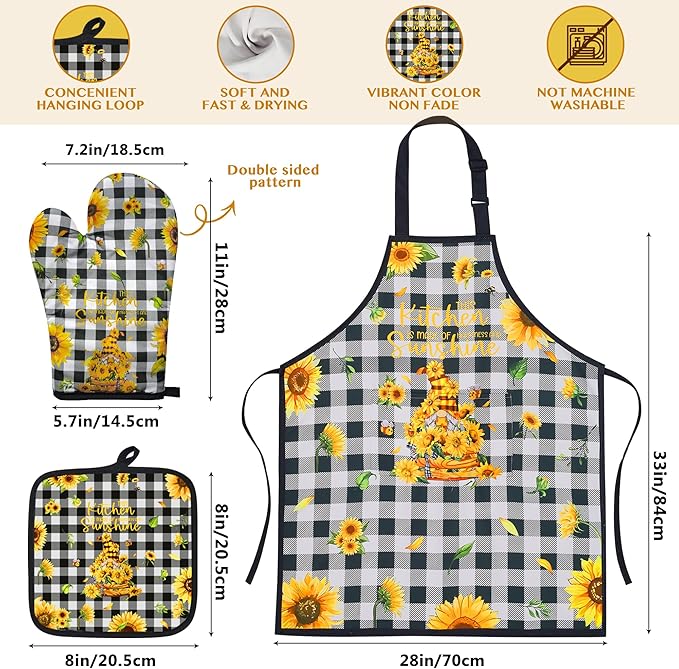 Sunflower Kitchen Decor Utensil Set -Bamboo Cooking Spoon with Apron Oven Mitt Pot Holder -Sunflower Kitchen Accessories,Home Decorations Gifts for Women-Housewarming,Birthday Gift,8PCS