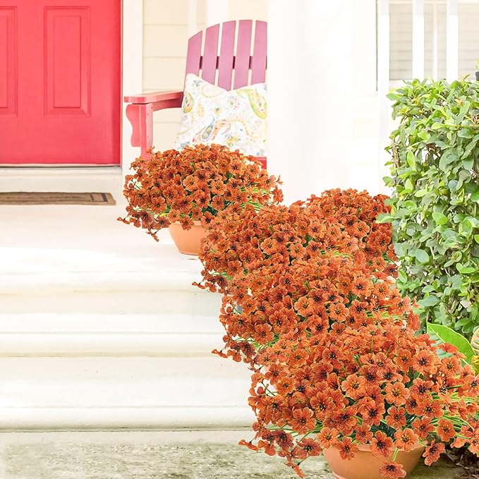Uieke 72 Bundles Artificial Fall Flowers for Outdoors UV Resistant No Fade Faux Autumn Plants for Outside Home Garden Wedding Party Fall Décor (Orange)