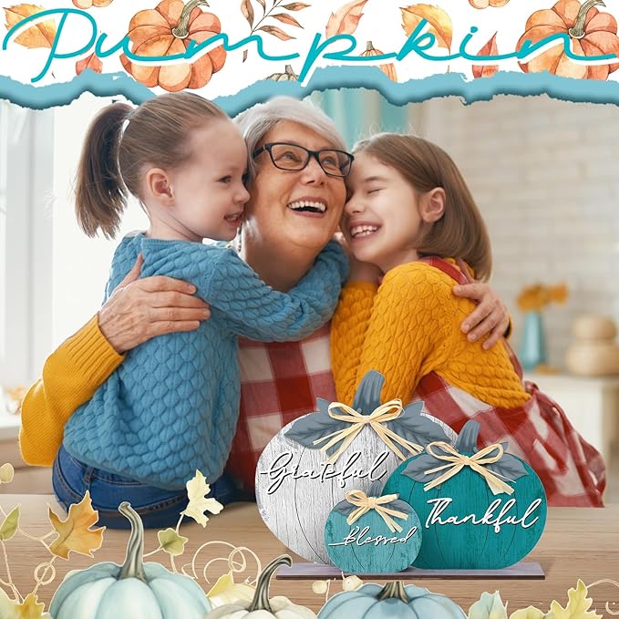 Soaoo Fall Pumpkin Table Decorations Wooden Thankful Blessed Centerpiece Autumn Grateful Tabletop Decor Farmhouse Harvest Pumpkin Block Signs for Party Rustic Table Shelf Decor Home(Novel)