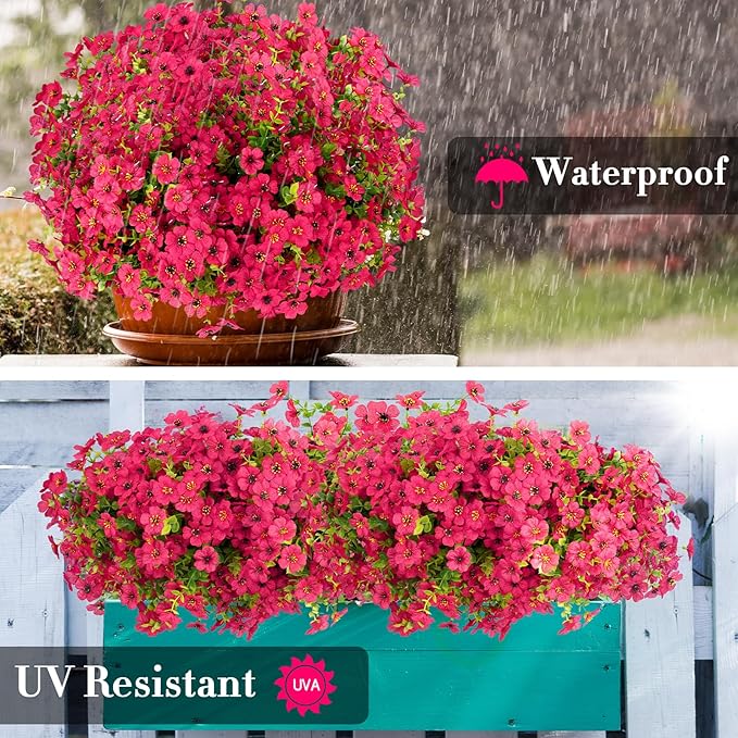 24 Bundles Artificial Flowers for Outdoors Decorations, Fake Flowers Artificial Plants Outdoor, Colorful Daisy Eucalyptus Realistic UV Resistant for Garden Patio Porch Home Decor, Rose Red