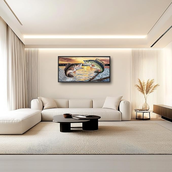Large Fish Wall Art for Living Room, Framed Bass Fishing Wall Decor, Oversized Rustic Sunset Lake Canvas Painting Fish Pictures Modern Artwork Home Decoration for Living Room Bedroom Office 60"x30"