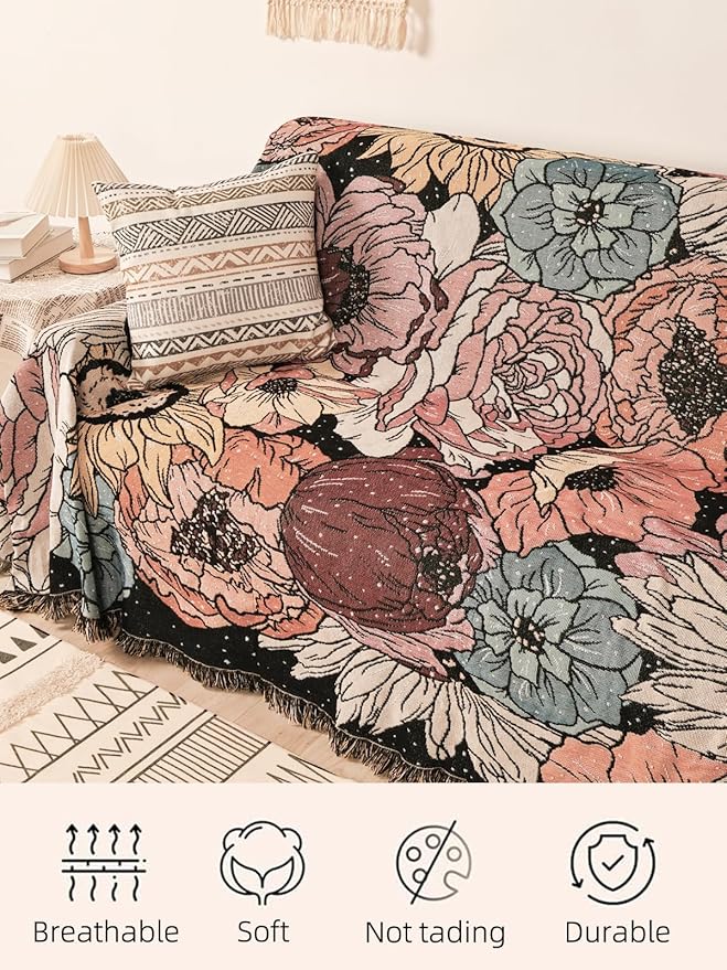 Boho Throw Blanket for Bed Couch Sofa Reversible Cotton Bohemian Travel Boho Quilt Mexican Muslin Blanket Tapestry Hippie Room Decor Outdoor Blanket Double Sided (Boho Flower Dark 70"x90")