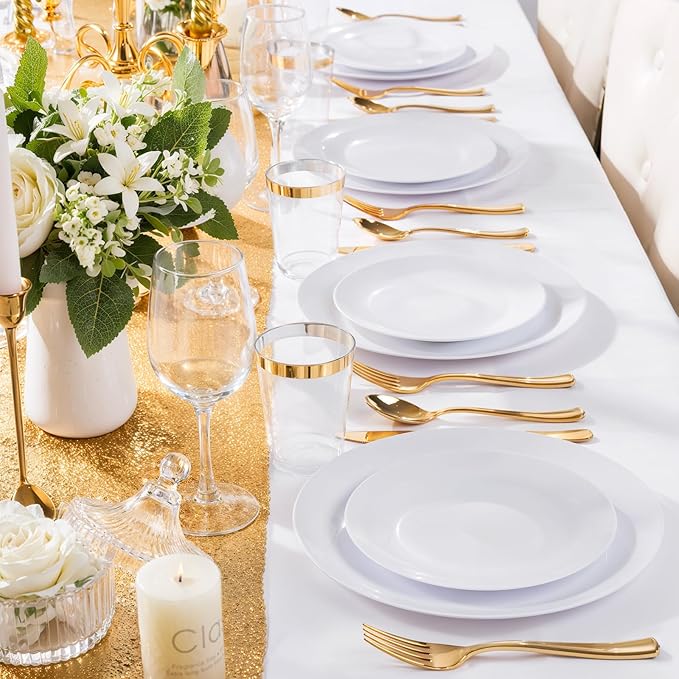 Nervure 100Pcs White Plastic Plates - 10.25inch Disposable White Dinner Plates - Heavy Duty Plastic Plate Ideal for Wedding & Party