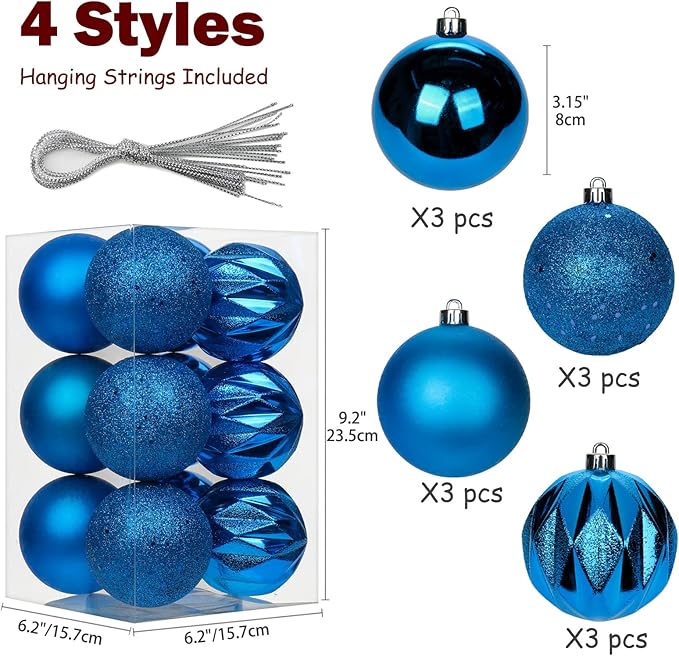 12PCS 3.15" Christmas Ball Ornaments Shatterproof Blue Christmas Tree Decorations Xmas Tree Balls Halloween Ornaments Décor
