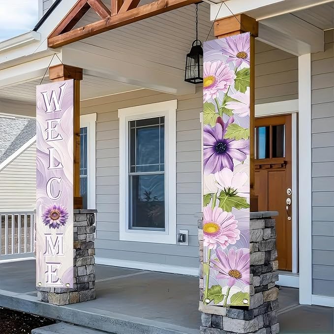2pcs Welcome Summer Door Banner Colorful Daisy Porch Banners Sign Sunflower Floral Front Door Hanging Decor Banner for Seasonal Home Hawaii Tropical Party Outdoor Decorations