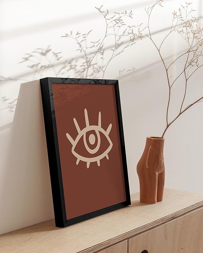 HAUS AND HUES Boho Posters Mid Century Modern Wall Decor - Abstract Art Prints Midcentury Modern Decor, Boho Wall Decor Minimalist Wall Art, Dark Clay Eye Lashes Framed Black - 12x16