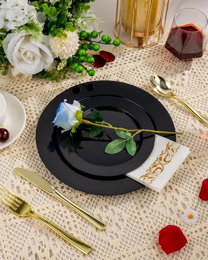 50PCS Black Plastic Plates, 10.25 Inch Disposable Dinner Plate Party, Heavy Duty Disposable Plastic Plates - Ideal for Halloween Parties, Wedding and Birthday, Everyday Meals Use