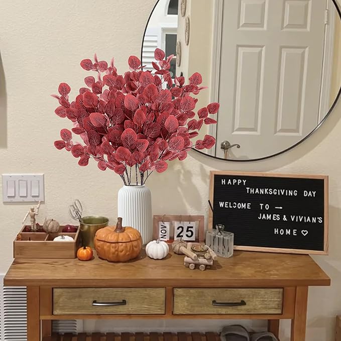 Sggvecsy Artificial Eucalyptus Leaves, 6 Pieces, 35.43 Inch Long, Red Color, Plastic and Silk Material, Easy to Bend and Adjust