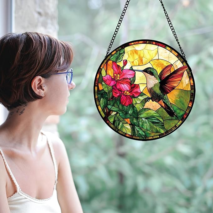Stained Glass Suncatcher, Hummingbird Red Flowers Green Leaves Sun Catcher Stain Glass Window Hanging Decoration Mother's Day Birthday Gifts for Bird Lover Women Men Mom Nana 7.8 in