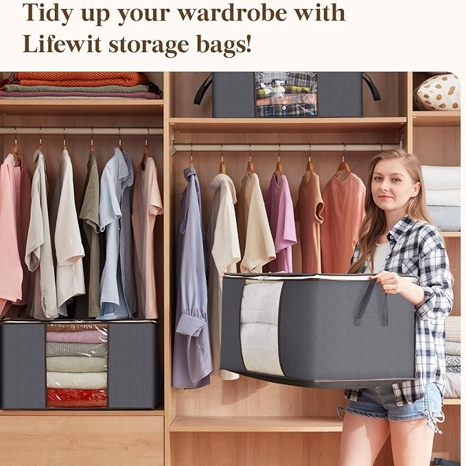 Lifewit 90L Large Storage Bags, 4 Pack Closet Organizers and Storage, Clothes Storage Bins with Lids, Foldable Storage Containers with Reinforced Handles for Clothing, Blanket, Bedding, Comforter Gray
