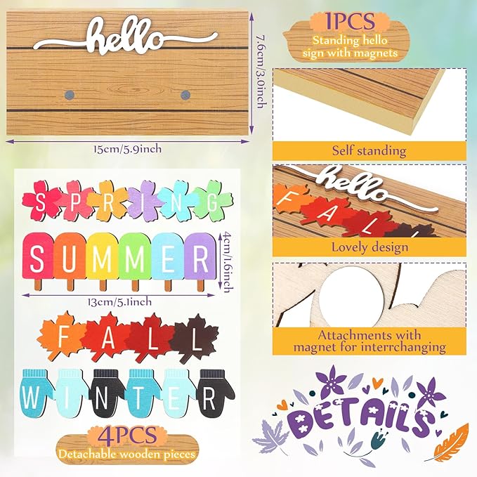 Roowest 5 Pcs Hello Fall Sign Interchangeable Seasonal Sign Spring Summer Winter Tiered Tray Decor 5.9 x 3 Inch Wooden 4 Seasons Farmhouse Table Centerpiece Decoration for Home Shelf Office(Simple)