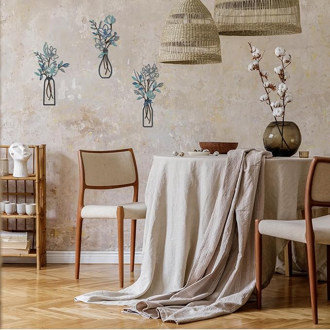 ARTINME 3 Pieces Metal Flowers Wall Arts - Rustic Farmhouse Decor Minimalist Flower Wall Decors for Living room Bathroom Kitchen Bedroom Dining Room - Housewarming Gifts (Blue)