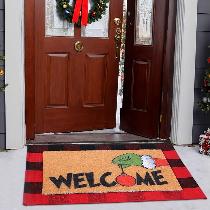 2 Pcs Christmas Welcome Door Mat Lime Green Hand Outdoor Welcome Mats for Front Door Non Slip Xmas Coir Floor Mat Black White Checked Christmas Rug for Outside Front Porch Entryway Decor