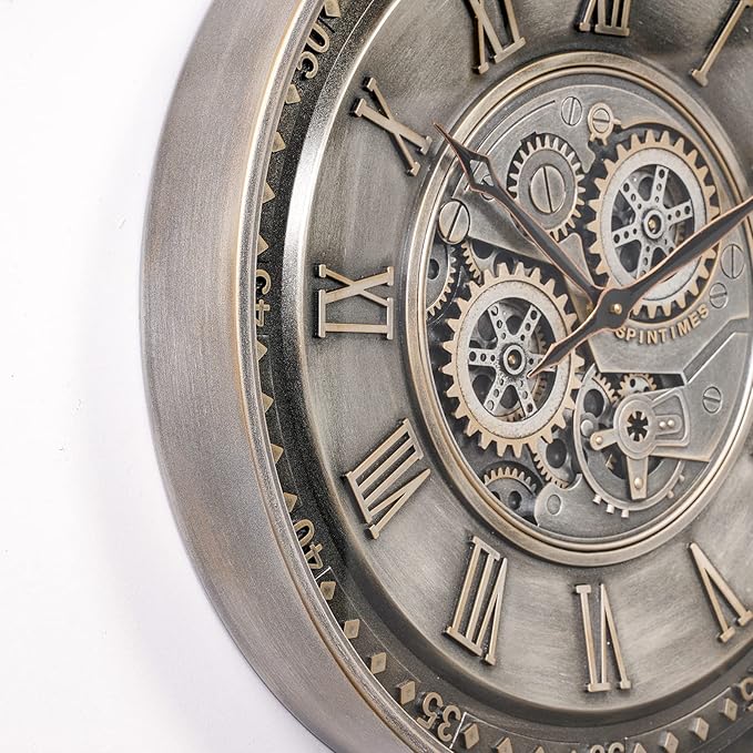 CLXEAST 24 Inch Large Moving Gear Wall Clock for Living Room Decor, Antique Silver Metal Roman Numerals Wall Clocks for Home Office