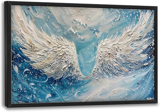 Angel Wings Large Wall Art for Living Room Framed, Christian Wall Decor Pictures, White Wings Canvas Print Painting, Aesthetic Artwork Bedroom Office Home Decor 36"x24"