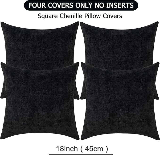 GAWAMAY Decorative Square Throw Pillow Covers 18"x18" Inch Set of 4, Super Soft Chenille Pillows Farmhouse Fall Pillowcase for Living Room Bedroom Sofa Couch Cushion Cover Black 45x45cm (No Insert)