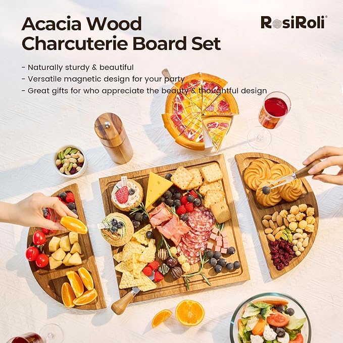 Acacia Wood Charcuterie Board Set - Cheese Board Set with Magnetic - House Warming Gifts New Home, Wedding Gift for Couple, Bridal Shower Gift, Gifts for Father, Perfect for Party