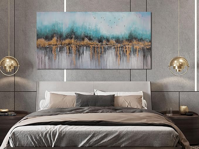 Ardemy Teal Abstract Canvas Wall Art for Living Room Landscape Painting Bedroom Turquoise Grey Panoramic Textured Picture Artwork Framed, Wall Art for Men Home Office Wall Decor Extra Large 58"x29"