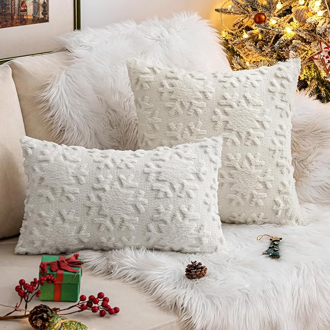 MIULEE Christmas Snowflake Decorative Throw Pillow Covers Set of 2,Soft Fluffy Faux Wool Winter Holiday Couch Pillows for Farmhouse Boho Home Decor Sofa Bed Porch Living Room 18x18 Inch Pure White