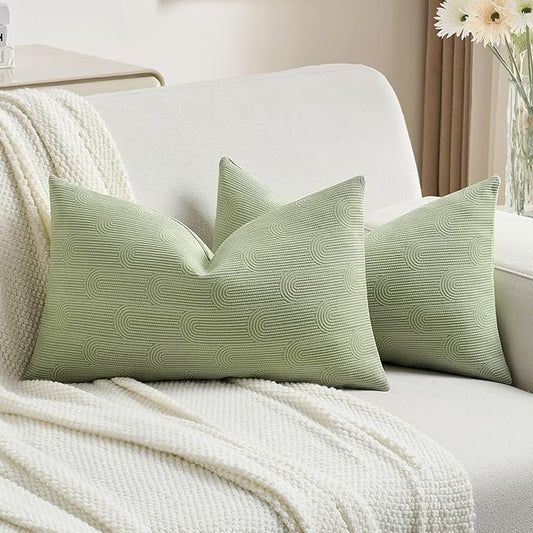 FUTEI Pea Green Chenille Decorative Throw Pillow Covers 12x20 Inch Set of 2,Soft Cozy Striped Geometric Patterns Lumbar Pillow Cases,Modern Home Decor for Couch Bed Living Room