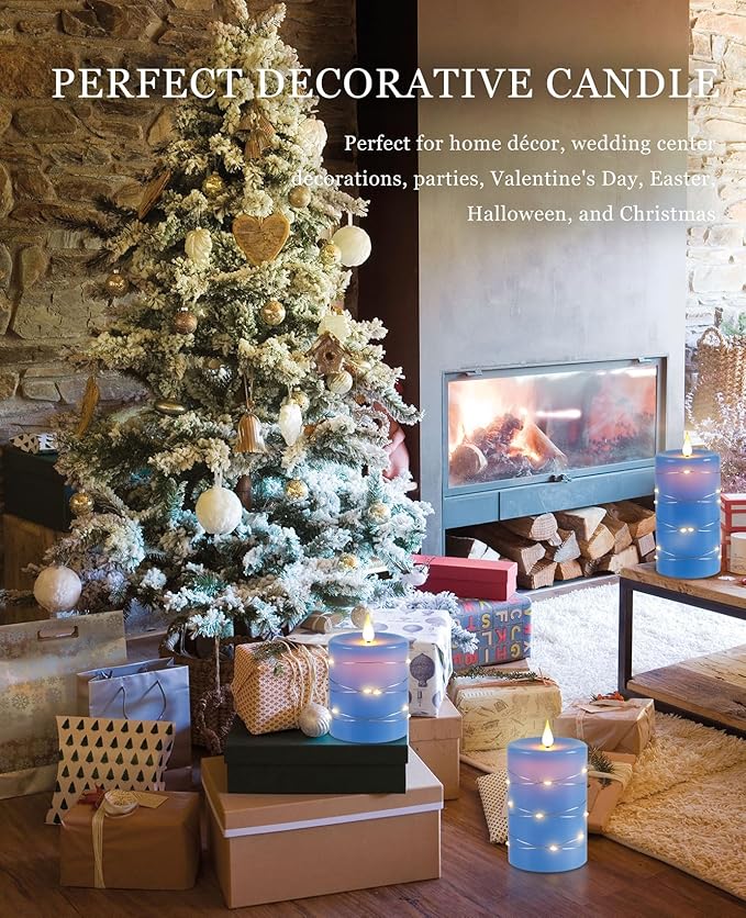 Da by Flameless Candles with String Lights，Battery Operated Candles,LED Flickering Candles with Remote Control and Timer, Real Wax, 3 Pack-Blue