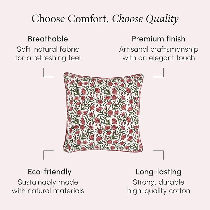 CPC 100% Cotton Throw Pillow Covers 24x24 Inch, Set of 2 Red Block Print Pattern Couch Pillow, Cute Boho Decorative Pillows for Living Room, Bedroom with Hidden Zipper- Red Garnet