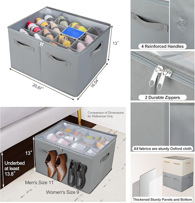Shoe Organizer for Closet, Foldable Shoe Box with Adjustable Dividers and Clear Cover, Space Saving Shoe Storage Organizer Cabinet with Reinforced Handles, Fits 16 Pairs, Gray, TP09G