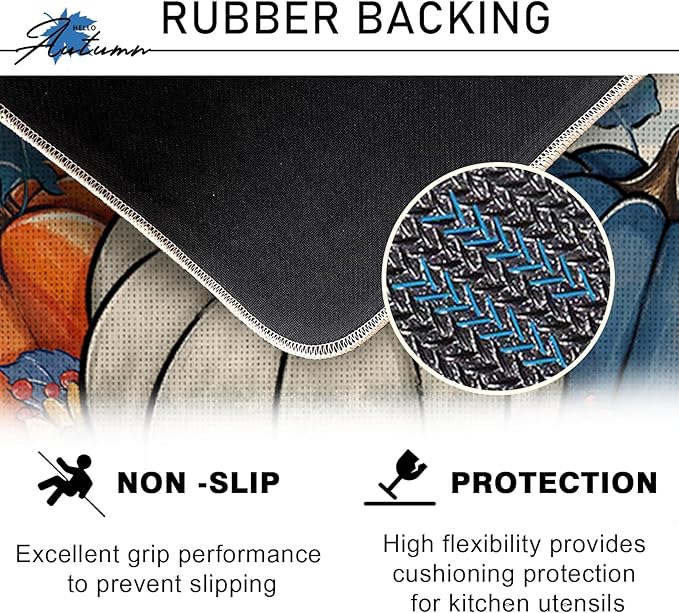 Fall Blue White Pumpkin Kitchen Rugs Set of 2, Autumn Sunflower Stripes Kitchen Mats Decor, Thanksgiving Seasonal Floor Door Mat Home Decorations - 17x29 and 17x47 Inch