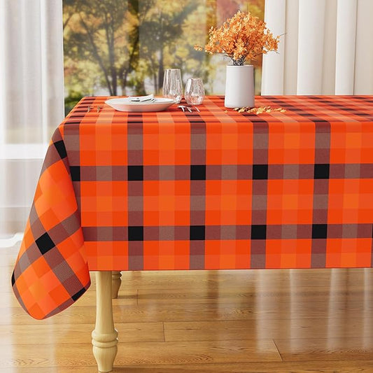 misaya Rectangle Waterproof Vinyl Table Cloth, Buffalo Flannel Backed Tablecloth, Wipeable Plastic Table Cover for Fall, Halloween (60" x 102", Black and Orange and Yellow)