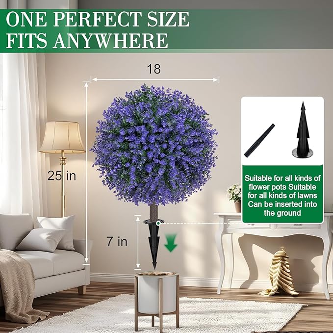 Set of 2 Artificial Purple Boxwood Topiary Ball Bush for Outdoor with Ground Spike 22", UV Resistant Faux Greenery Shrubs, Fake Purple&Green Boxwood Plants for Garden, Yard, Porch, Patio Decor