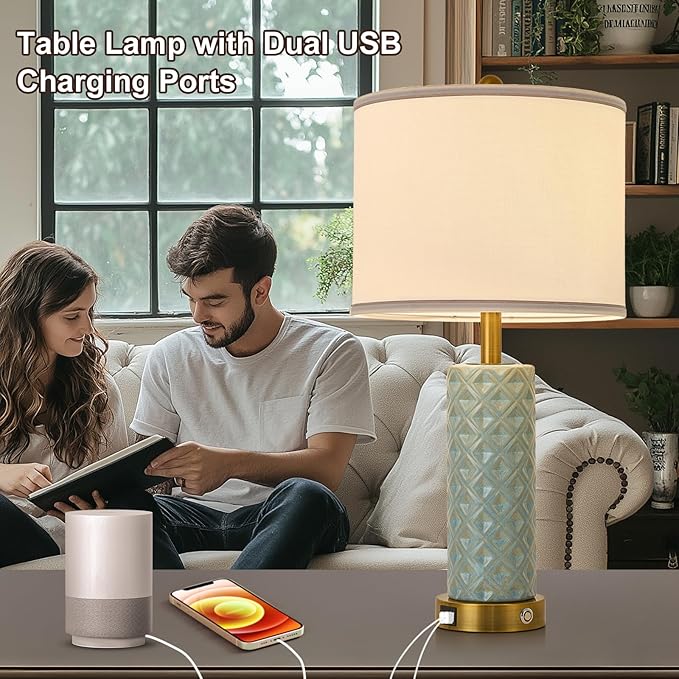 Set of 2 Table Lamp for Living Room Bedroom Farmhouse,26'' Touch Control Bedroom Spa Blue Ceramic Lamps 3-Way Dimmable Bedside Lamps with USB A+C Ports Linen Shade for Home