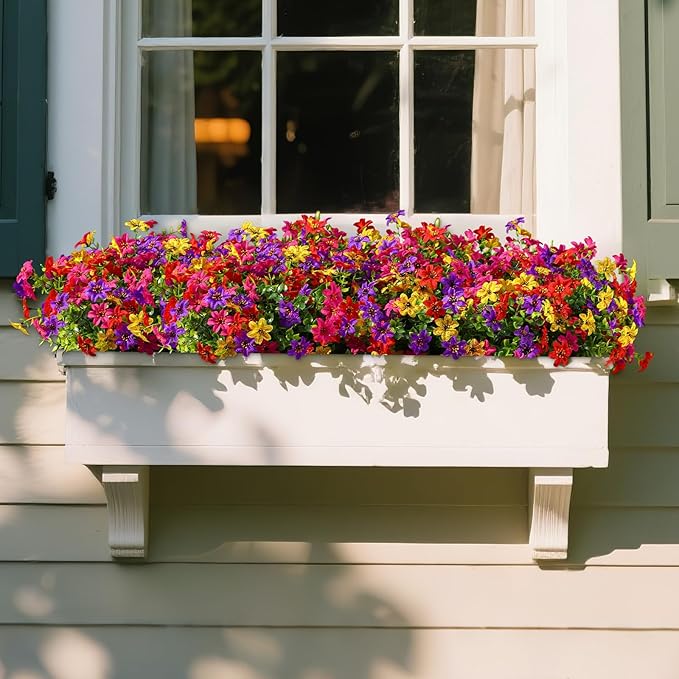 SHareconn Artificial Flowers for Outdoors Spring Decoration, Fake Silk Realistic Faux Plants UV Resistant for Outdoor Planter Porch Patio Summer Outside Decor, 20 Bundles,RedRosyPurpleYellow