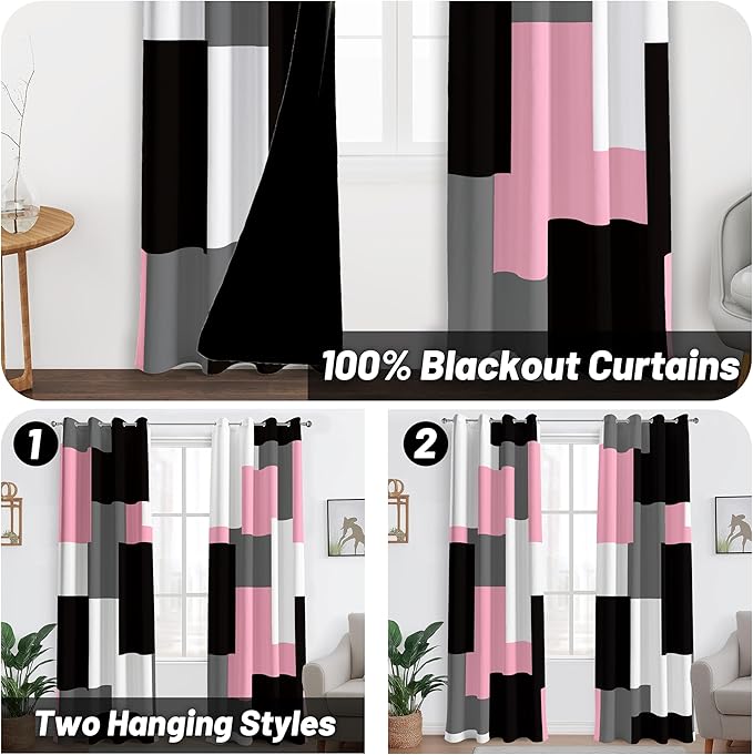 Pink 100% Blackout Curtains for Bedroom 96 inch Length 2 Panels Set White Grey Modern Abstract Geometric Black Out Curtains Insulated Room Darkening Window Drapes for Girls Living Room, 52Wx96L