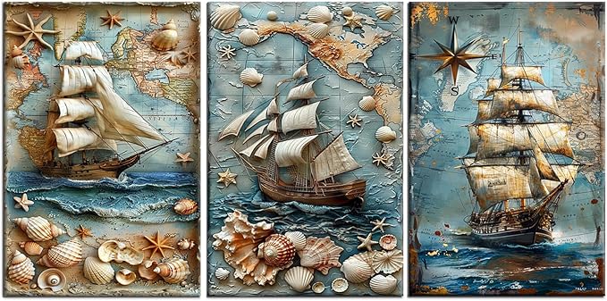 Abstract Sailboat Canvas Wall Art 3 Pieces Large Size Poster Blue Ocean Landscape Nautical Picture Painting Artwork for Living Room Hotel Office Wall Decoration Stretched and Framed [72''Wx 36''H]