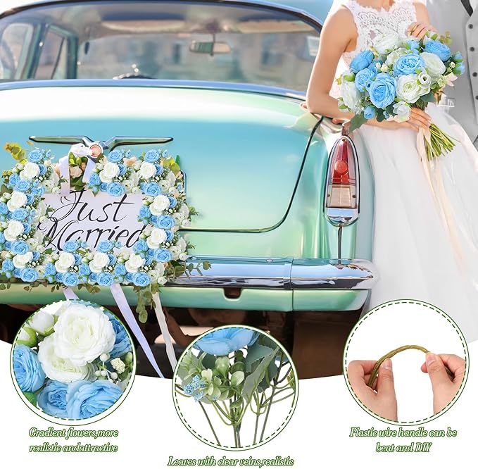 Geosar 8 Bundles Artificial Peonies Flowers Fake Silk Peony Bouquet Faux Peonies Flowers Bulk for Decoration Vase Florals Arrangements Wedding Party Table (Blue,White)