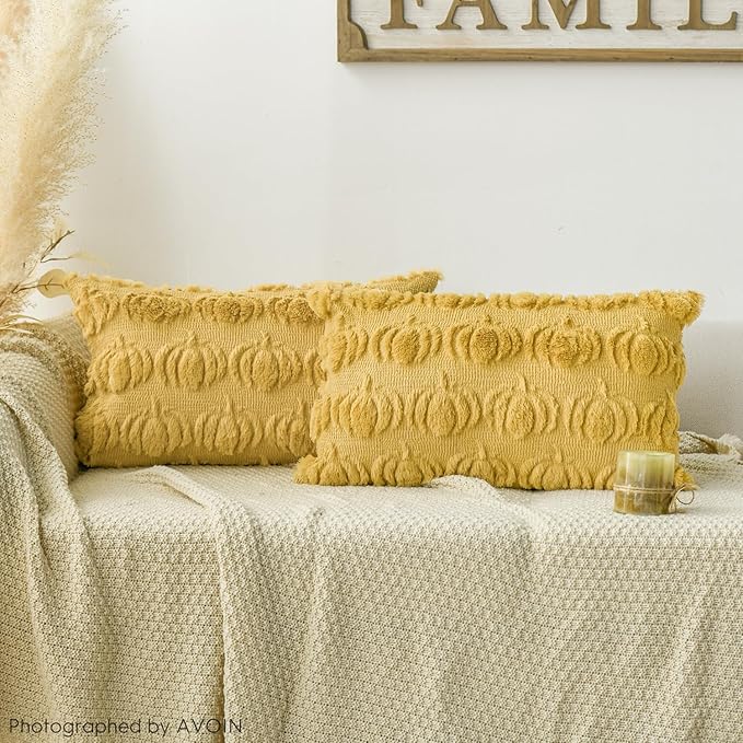 AVOIN colorlife Fall Pumpkin Ginger Throw Pillow Covers, 12 x 20 Inch Seasonal Autumn Thanksgiving Harvest Decoration Soft Plush Faux Fur Jacquard Cushion Case Decoration for Sofa Couch Set of 2
