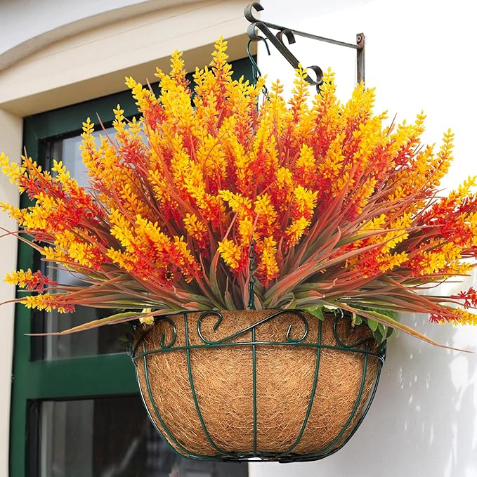 20 Bundles Artificial Plants Outdoor Fake Monkey Grass with Flowers (Fall Red)