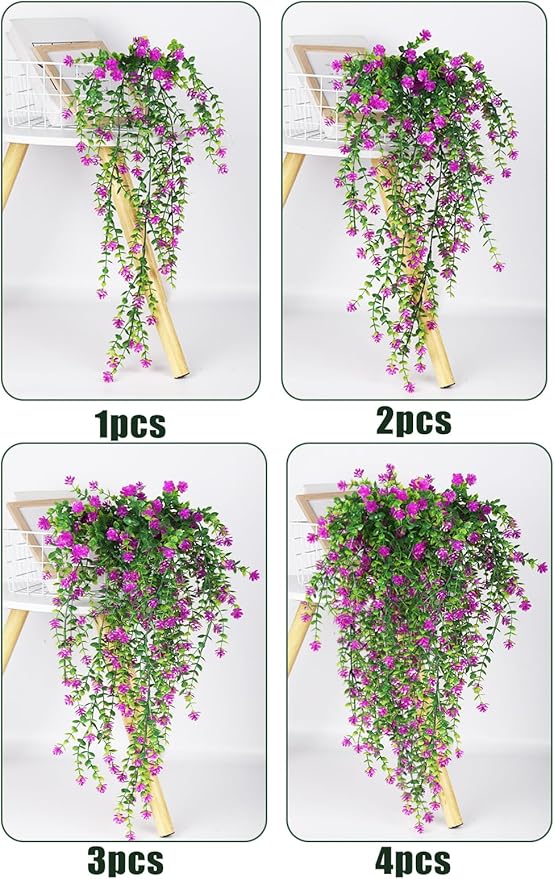 SJL Faux Hanging Plant 4 Pack Hanging Vines Plants Indoor Realistic Artificial Fake Small Hang Plant Leaves Faux Outdoor Plants Plastic Flowers Stem Decor for Wall Room Party (Fuchsia)