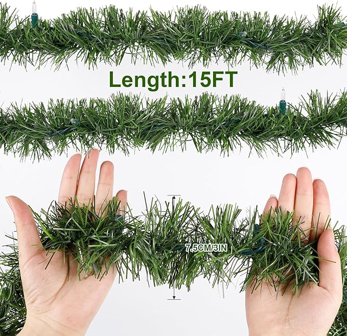Biswing 15 FT Pre-lit Christmas Green Garland, Lighted Artificial Pine Garlands with 35 Count Multicolor Lights, Connectable & Light Up for Indoor Outdoor Gate Home Winter Holiday New Year Decor