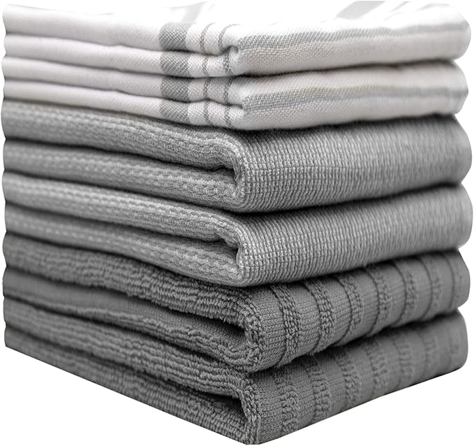 6 Pack 20x28" Absorbent Cotton Kitchen Towels with Hanging Loop - Grey Striped