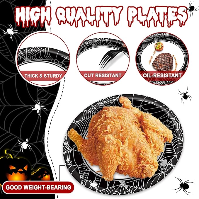 Halloween Party Oval Paper Plates 11inch Large Spider Web Paper Plate and Napkin, Dish Tray Halloween Party Decoration Supplies for Birthday Get Together Celebration Tableware, 25 Guest