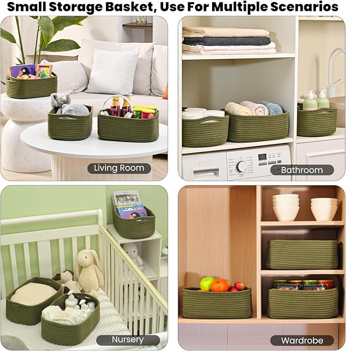 Small Green Storage Baskets for Organizing Shelves, Cute Woven Baskets for Storage, Organizer Basket for Decor, Gift Basket, 13"×8.5"×5.1" (3 Packs) Green